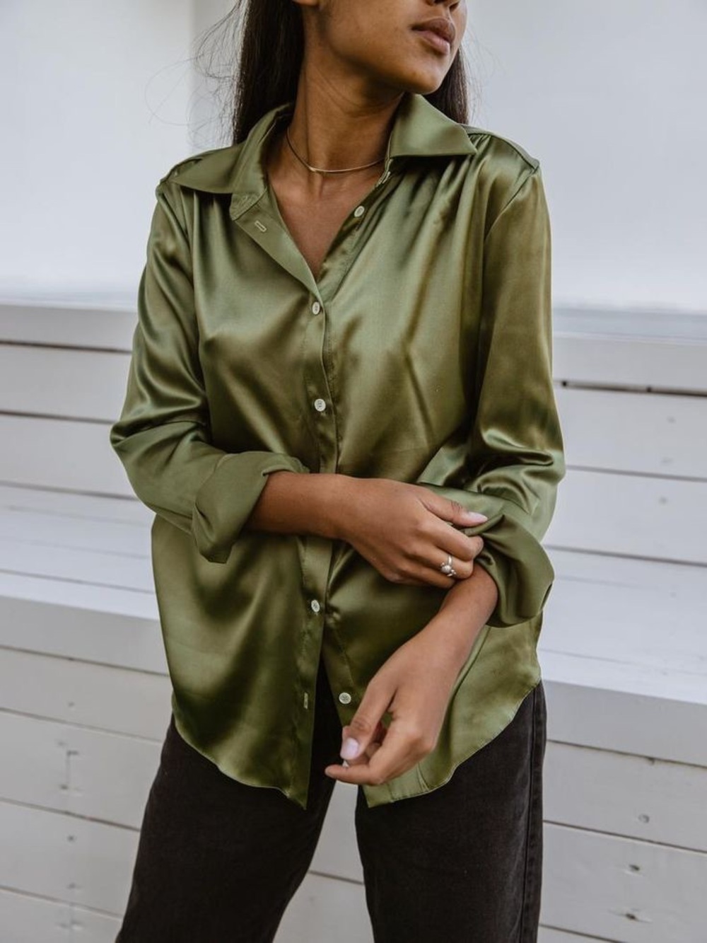 Anthropology Olive Green Satin Button-Down Shirt
